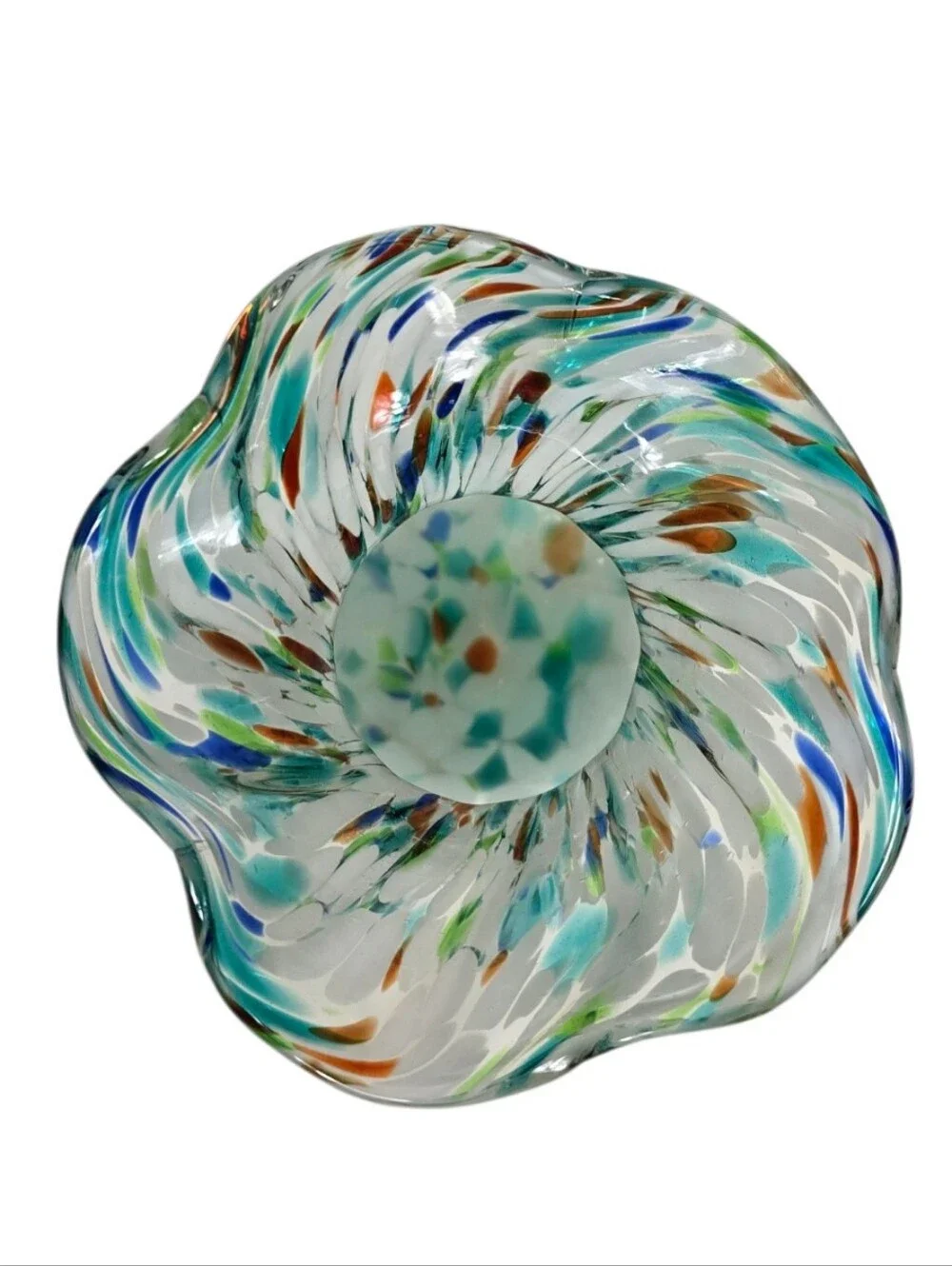 Hand Blown Art Glass Vase Ruffled Rim Confetti Frit Aqua Blue White 7.5